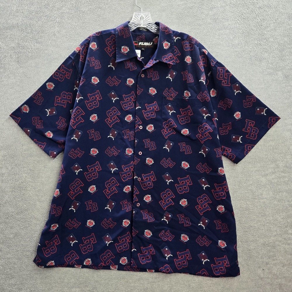 VINTAGE Fubu Men Button Up Shirt XL Blue Logo All Over Print 90s READ
